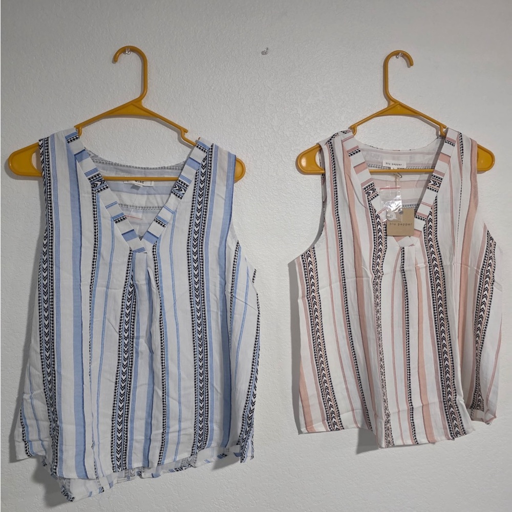 Blu Pepper Striped V-Neck Tank Tops - Blue and Pink